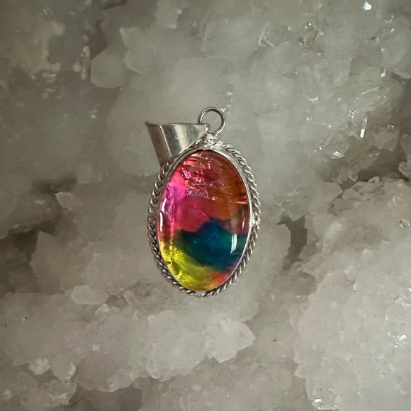 Beautiful Vibrant Multi Colored Dichroic Glass Oval Pendant - Picture 2 of 4
